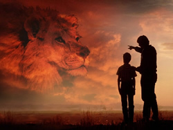Dad shows son lion in the clouds