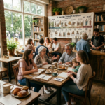 Current image: Group of multi-generational adults studying the Bible and discussing in a coffee shop