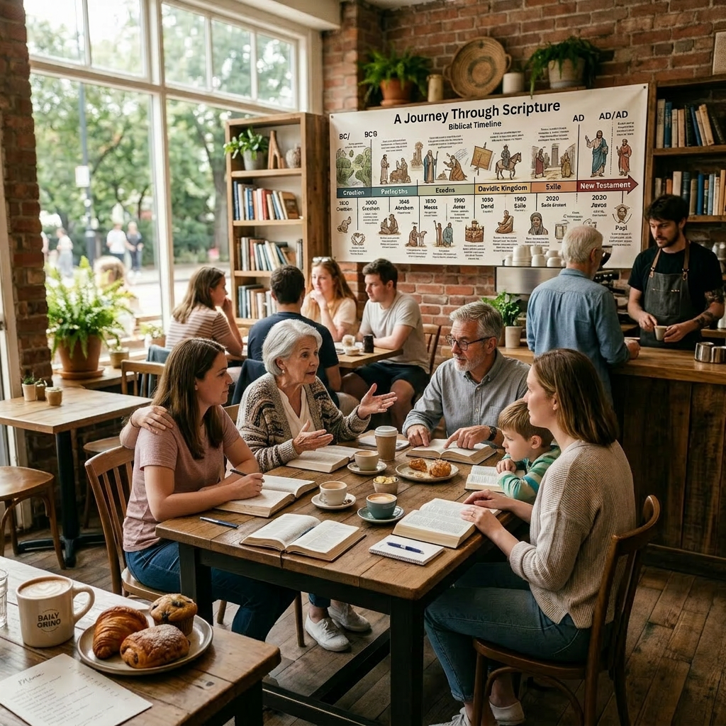Group of multi-generational adults studying the Bible and discussing in a coffee shop
