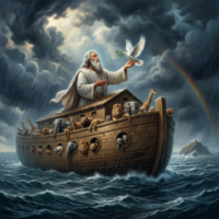 Noah on ark releasing dove with olive branch amid storm and rainbow